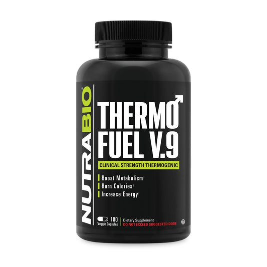 NutraBio ThermoFuel bottle front view highlighted for easy daily use and energy support.