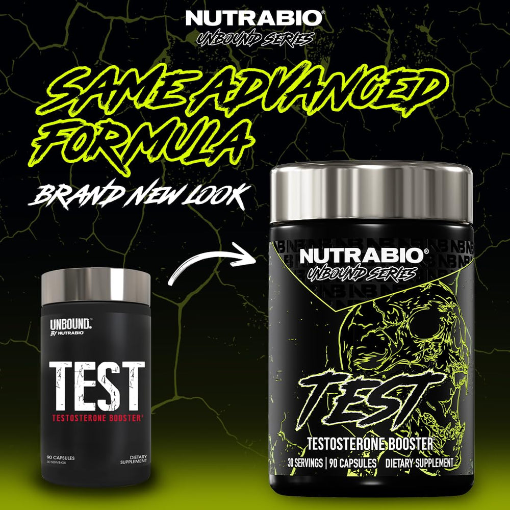 NutraBio Unbound Test label close-up showing fenugreek and tongkat ali for energy support.