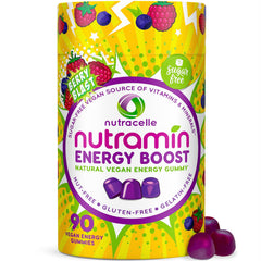 Nutramin Energy Gummy bottle pour demonstrates convenient daily portions.