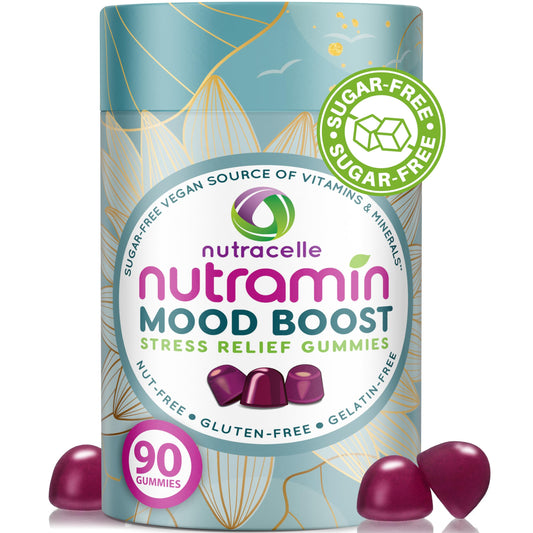 Nutracelle Nutramin Mood Boost bottle with strawberry gummies for calm focus