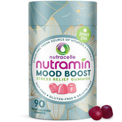 Real fruit strawberry flavor indicated on Nutramin Mood Boost packaging
