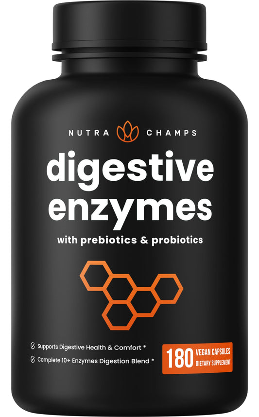 NutraChamps Digestive Enzymes bottle front view supporting gut health.