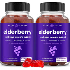 NutraChamps Elderberry Gummies bottle front view for year-round immune support.