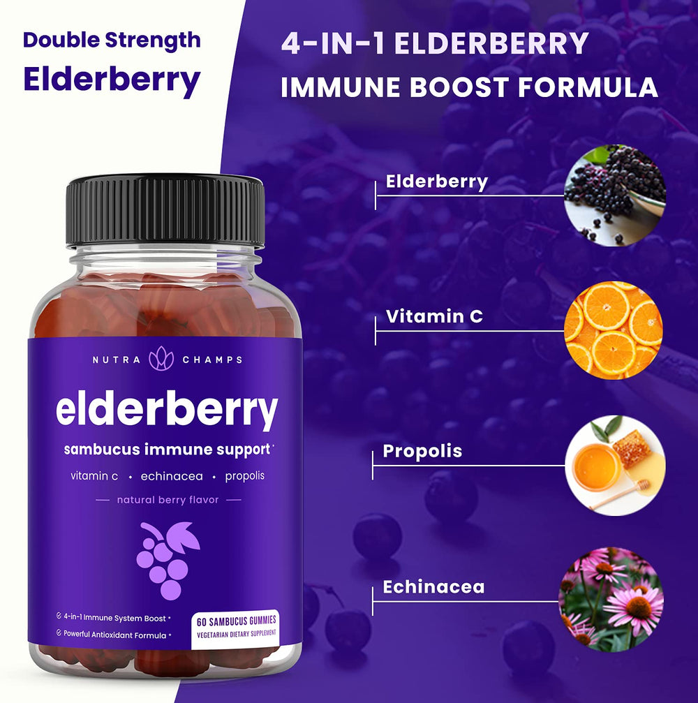 NutraChamps Elderberry Gummies ingredients label with vitamin C and echinacea.