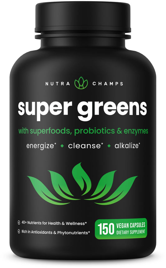 NutraChamps Organic Super Greens Capsules bottle front highlighting convenient daily greens.