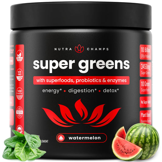 NutraChamps Super Greens powder tub shows premium organic greens for daily energy