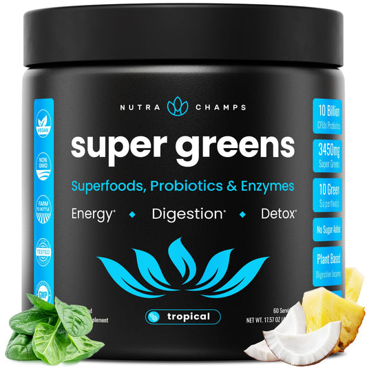 NutraChamps Super Greens canister close-up highlighting premium greens for daily energy.