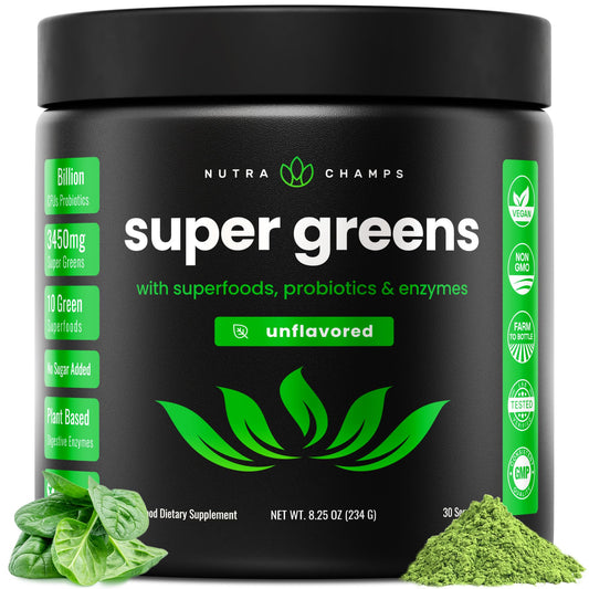 NutraChamps Super Greens tub front highlighting daily greens and antioxidant support.
