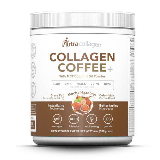 NUTRACOLLAGEN mocha hazelnut coffee powder in bag for daily beauty routine.