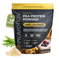Nutraflav unflavored pea protein powder scoop for 20g protein per serving in shakes