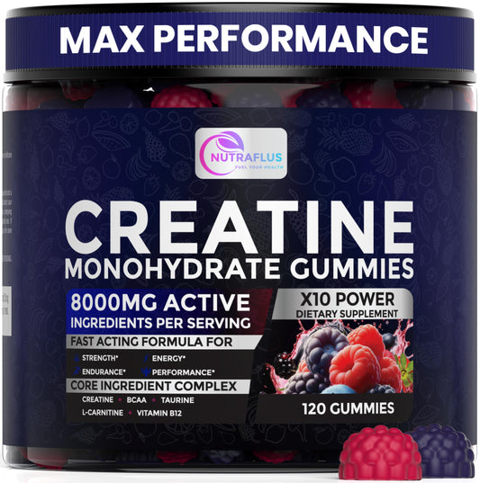 NUTRAFLUS Creatine Monohydrate Gummies bottle shows berry flavor for quick energy support