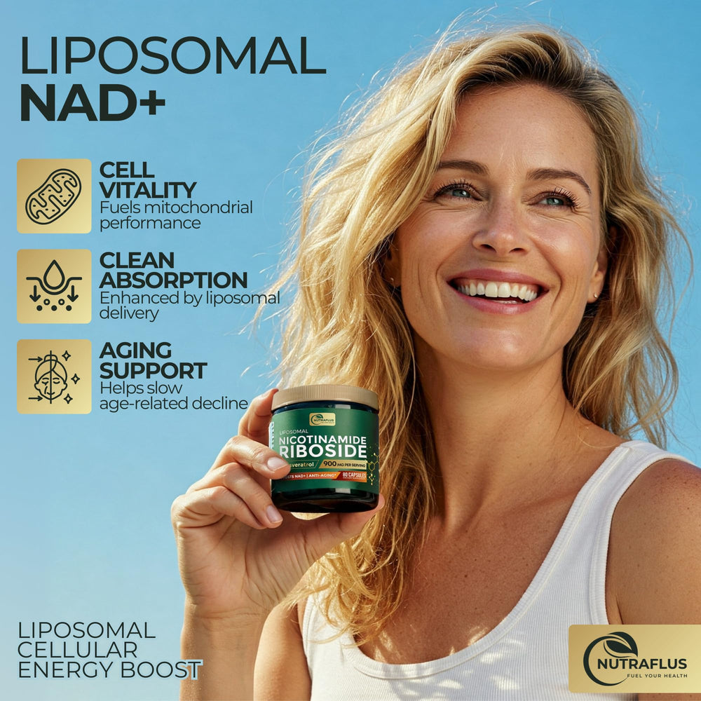 Nutraflus NAD Resveratrol capsules close-up highlighting clean, non-GMO formula.
