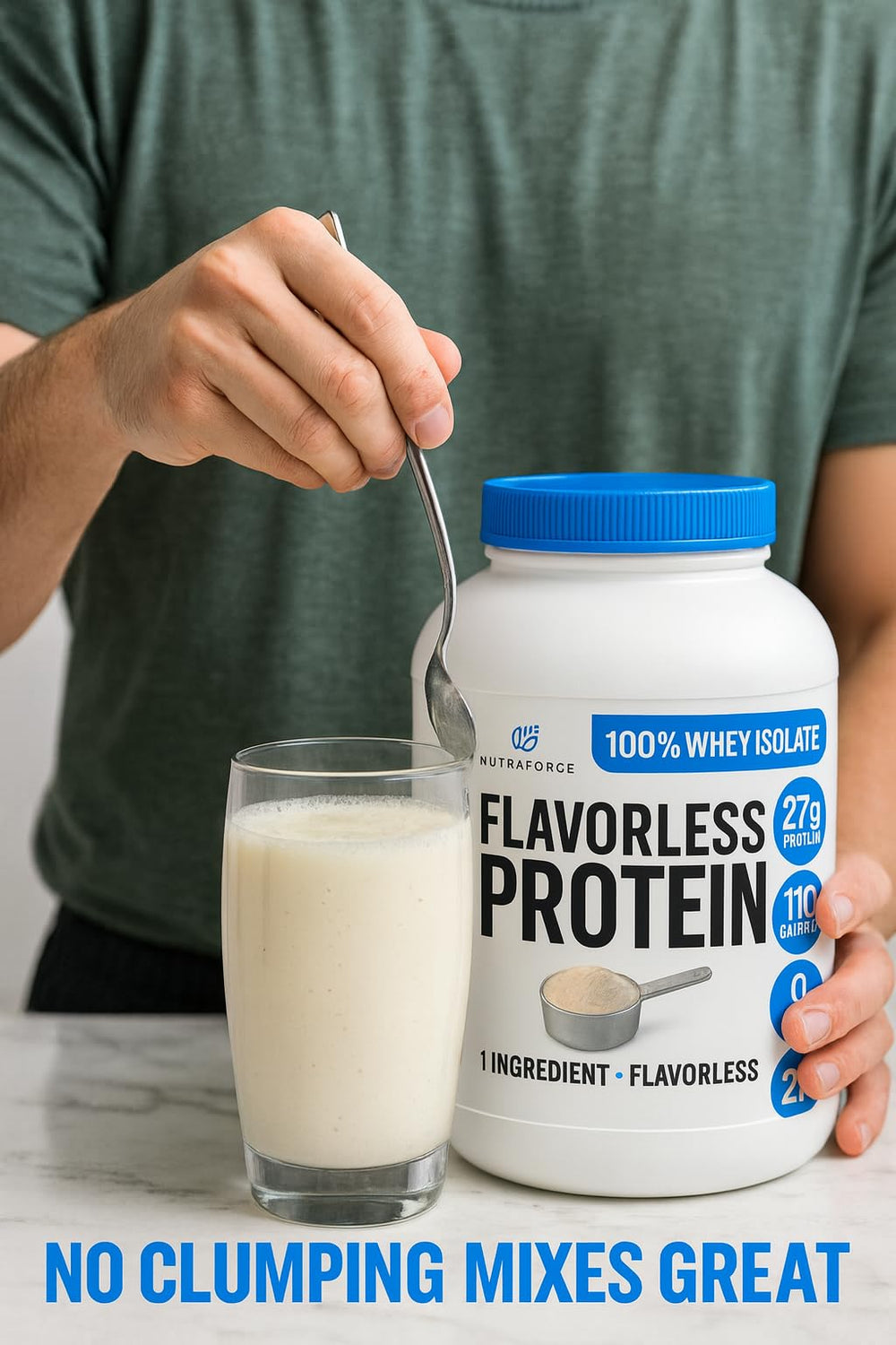NutraForce tub with scoop shows zero sugar per serving.
