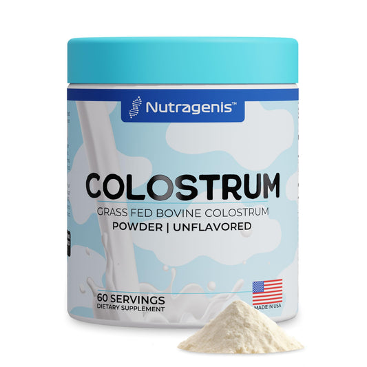 Nutragenis Colostrum Premium Powder tub with scoop for daily gut support.
