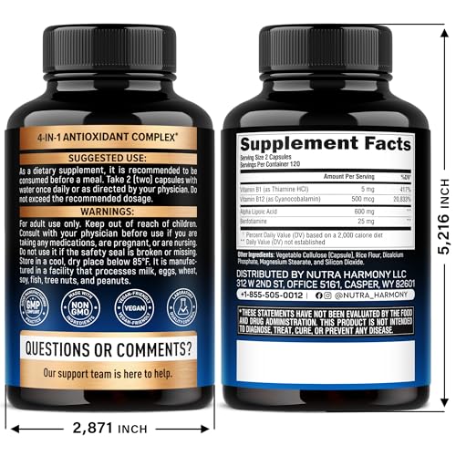 NUTRAHARMONY Alpha Lipoic Acid 600mg bottle back with supplement facts and sourcing