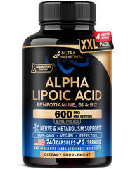NUTRAHARMONY Alpha Lipoic Acid 600mg bottle front showing premium packaging benefits