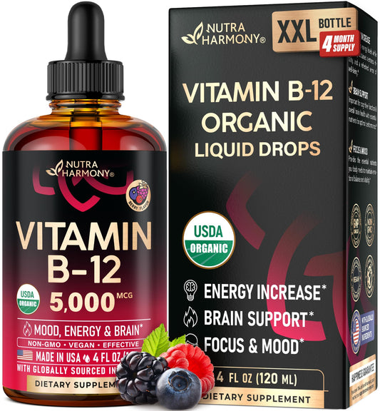 NUTRAHARMONY B12 Drops bottle with organic vegan formula for daily energy and focus.