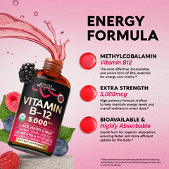Vegan-friendly B12 liquid highlighting plant-based source.