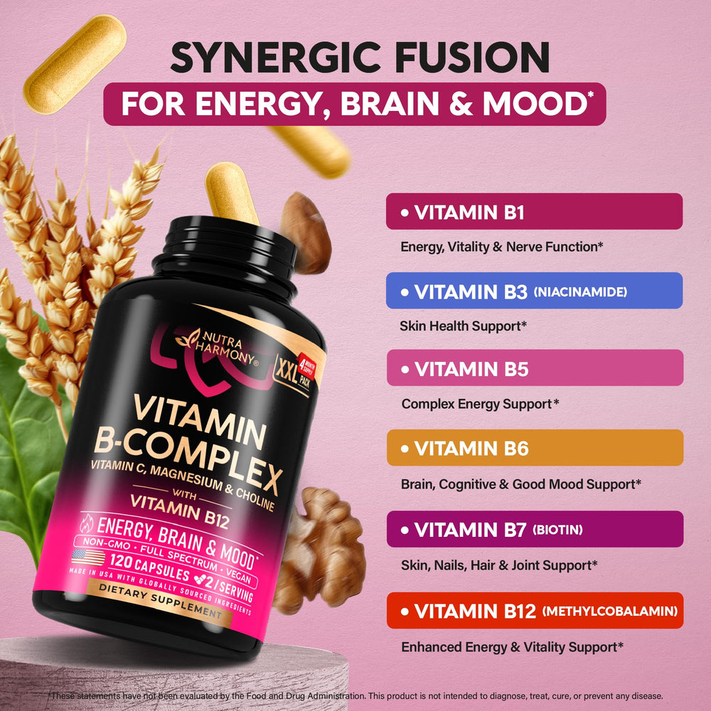 NutraHarmony B Complex ingredients panel shows vitamins and cofactors