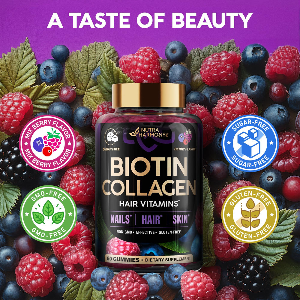 NUTRAHARMONY gummies with 10,000 mcg Biotin for hair, skin and nails.