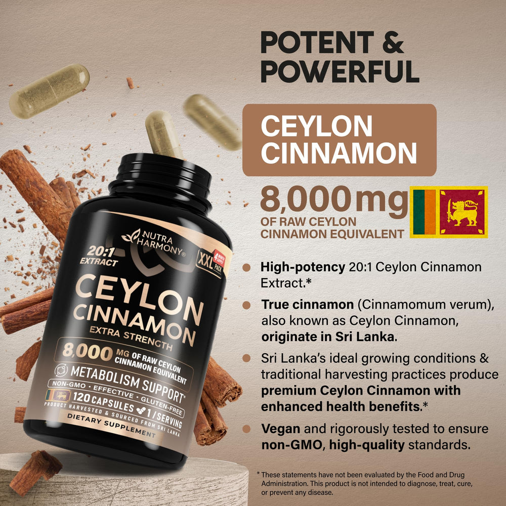 NutraHarmony Ceylon Cinnamon capsules label closeup showing purity and potency.