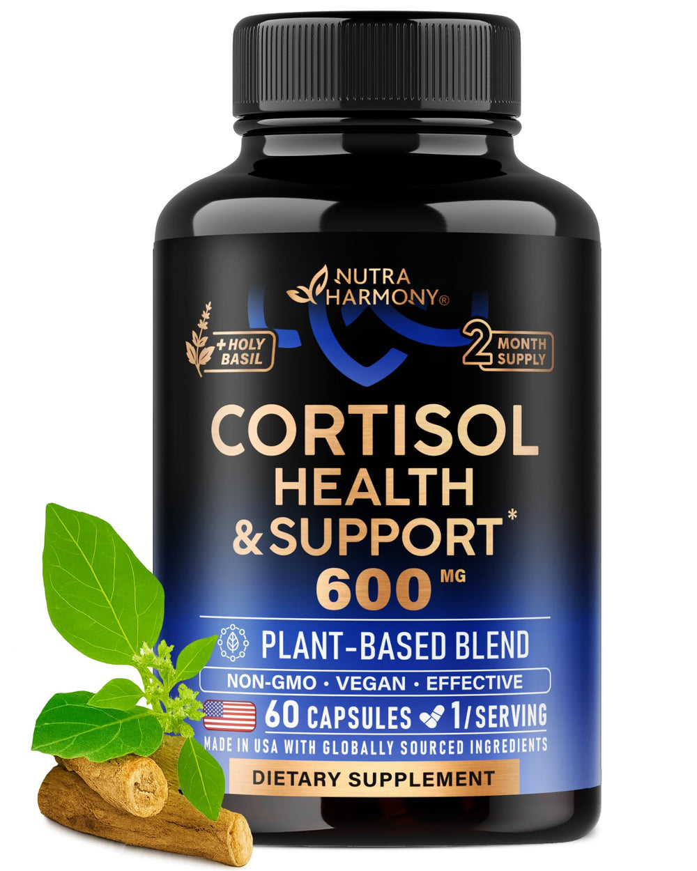 NUTRAHARMONY cortisol supplement bottle for daily balance and focus.