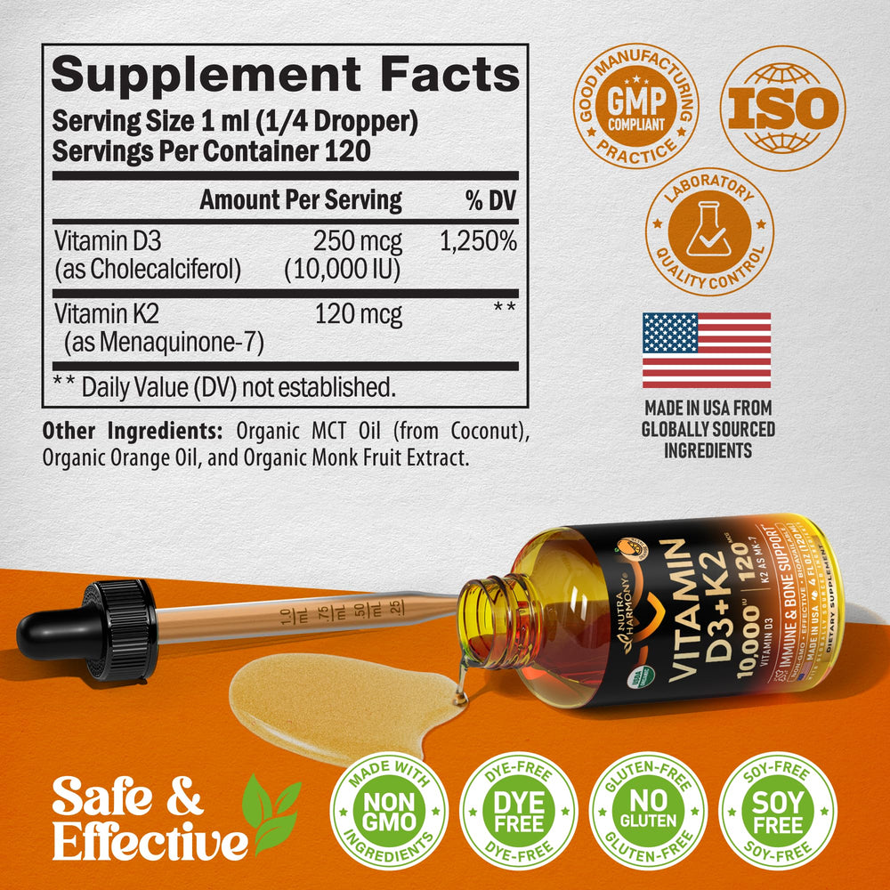 NUTRAHARMONY D3 K2 drops are sugar-free and orange flavored for easy use