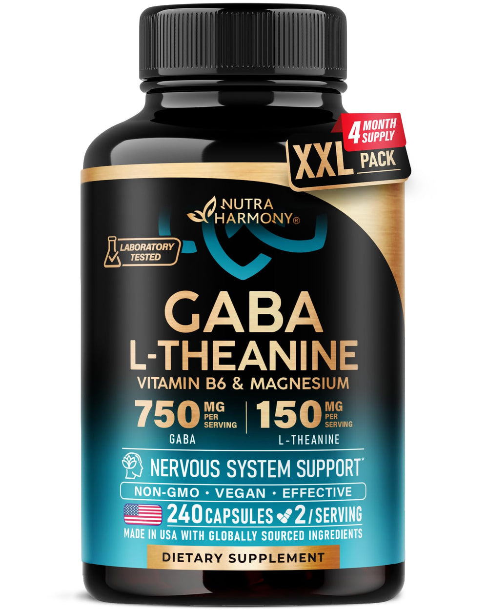 NUTRAHARMONY GABA L-Theanine 900 mg bottle for calm support.
