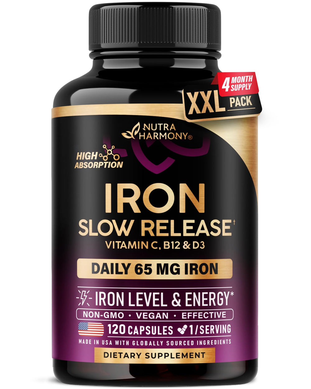 NUTRAHARMONY Iron 65mg tablet closeup showing slow-release iron for steady iron support.