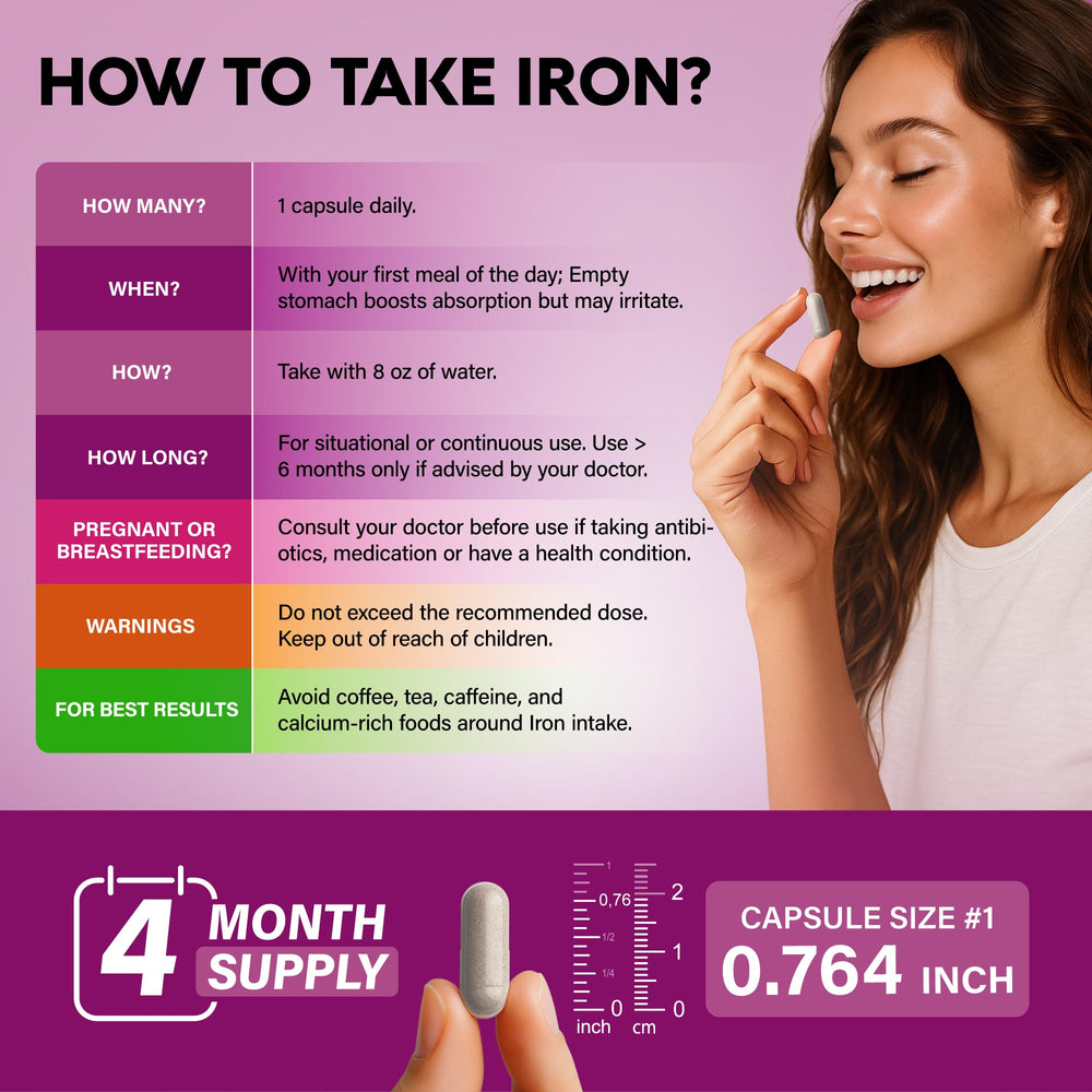 NUTRAHARMONY iron capsules with C, D3, B6, B12 and folate support.