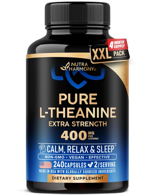 NUTRAHARMONY L-Theanine 400 mg bottle on desk promoting calm focus.