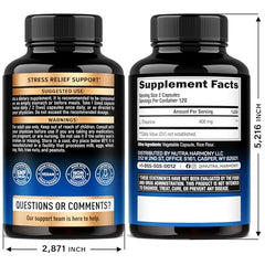 NUTRAHARMONY L-Theanine 400 mg capsules closeup showing vegan capsules for relaxation.