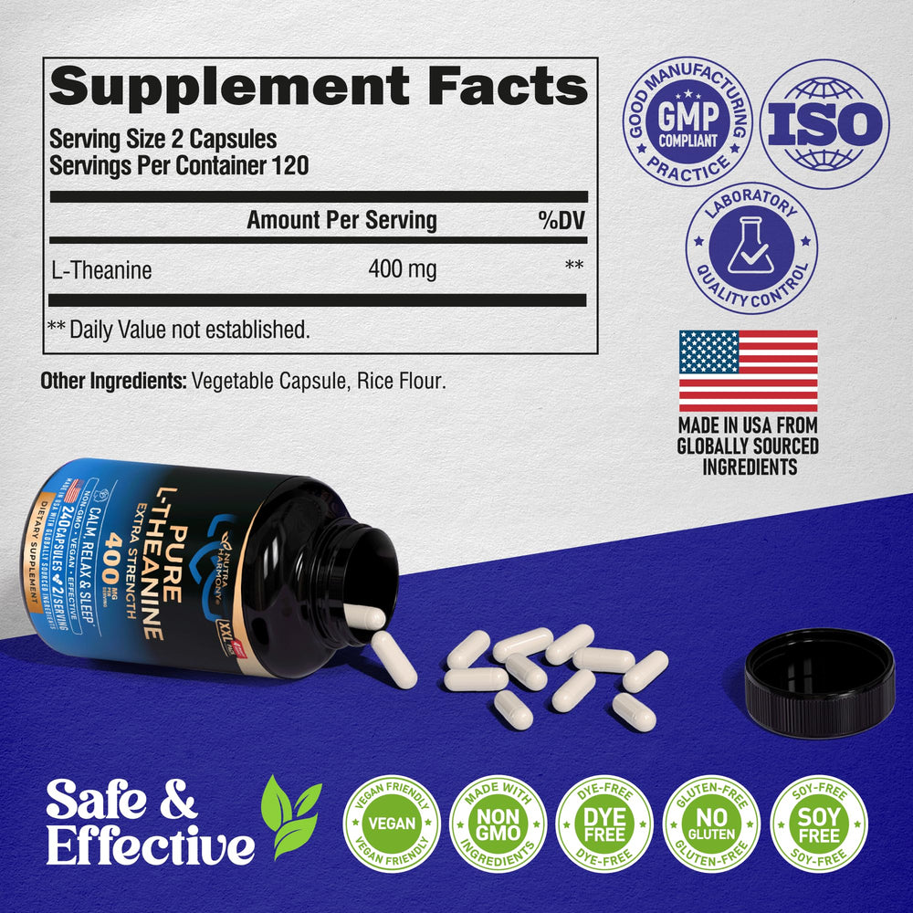NUTRAHARMONY L-Theanine 400 mg front packaging highlights gluten-free and non-GMO features.