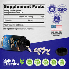 NUTRAHARMONY L-Theanine 400 mg front packaging highlights gluten-free and non-GMO features.