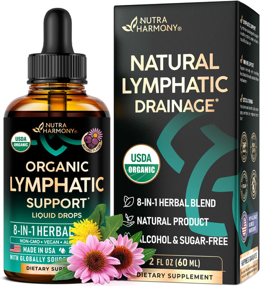 NUTRAHARMONY Lymph Drops bottle showing organic formula for balanced wellness