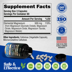 NUTRAHARMONY Magnesium 5-in-1 label detail shows dosage guidance and capsule size.
