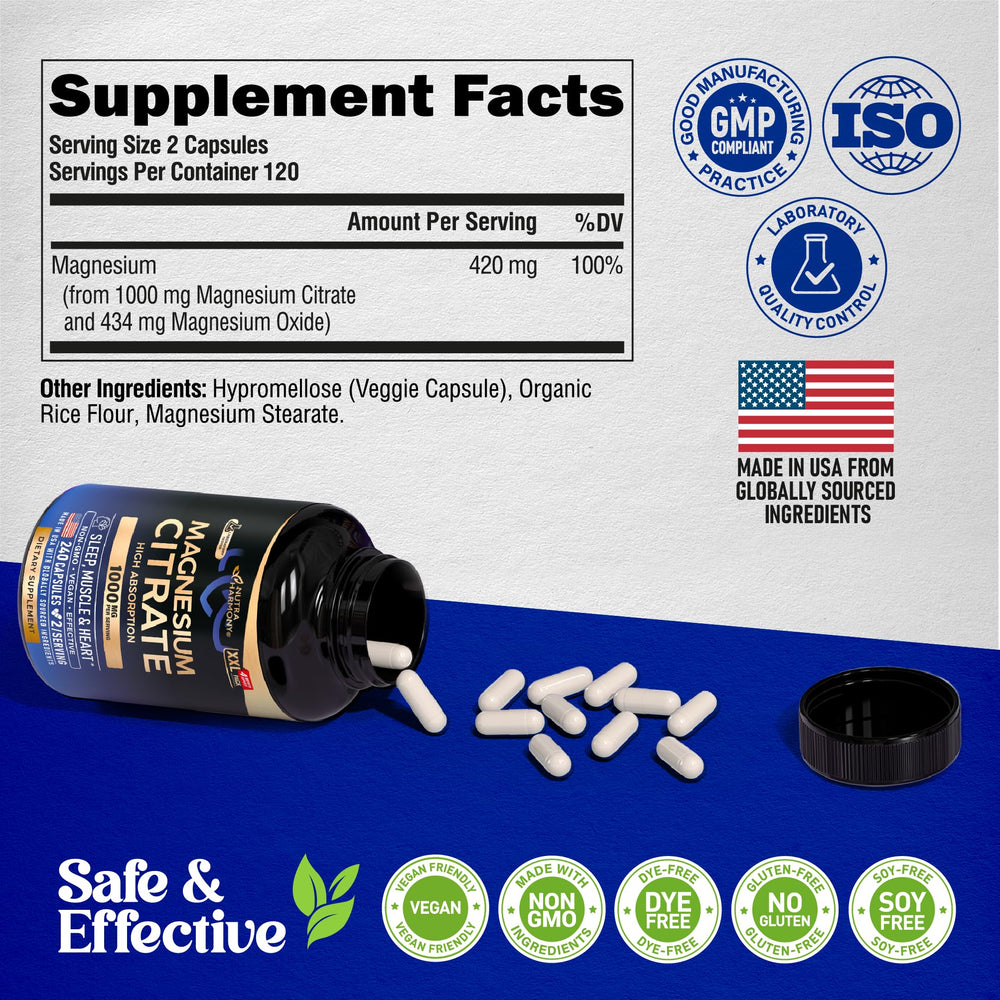 NutraHarmony Magnesium Citrate bottle on shelf conveys USA-made quality.