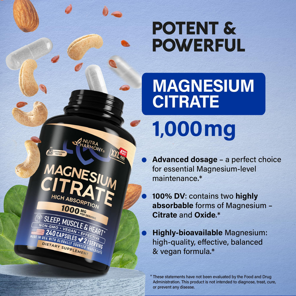 NutraHarmony Magnesium Citrate ingredients panel close-up highlights non-GMO formulation.