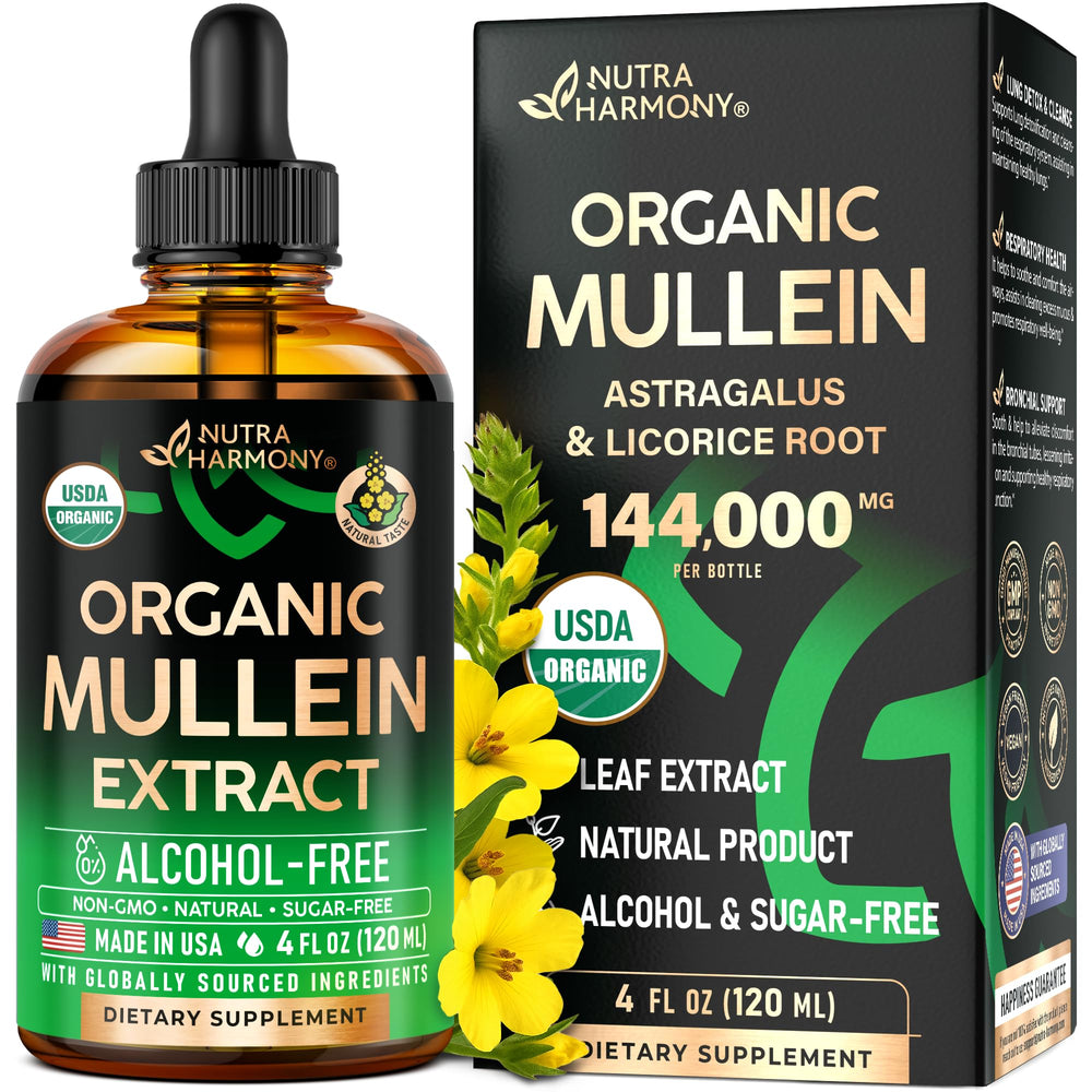 NUTRAHARMONY Mullein Drops bottle highlights organic mullein leaf for respiratory support.