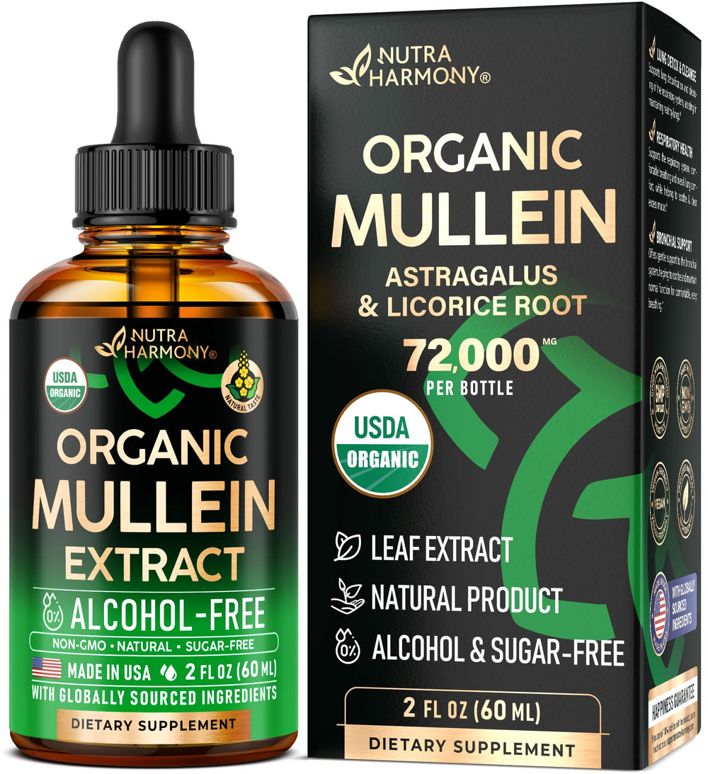 NutraHarmony Mullein Drops bottle on wood surface for natural respiratory support.