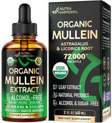 NutraHarmony Mullein Drops bottle on wood surface for natural respiratory support.