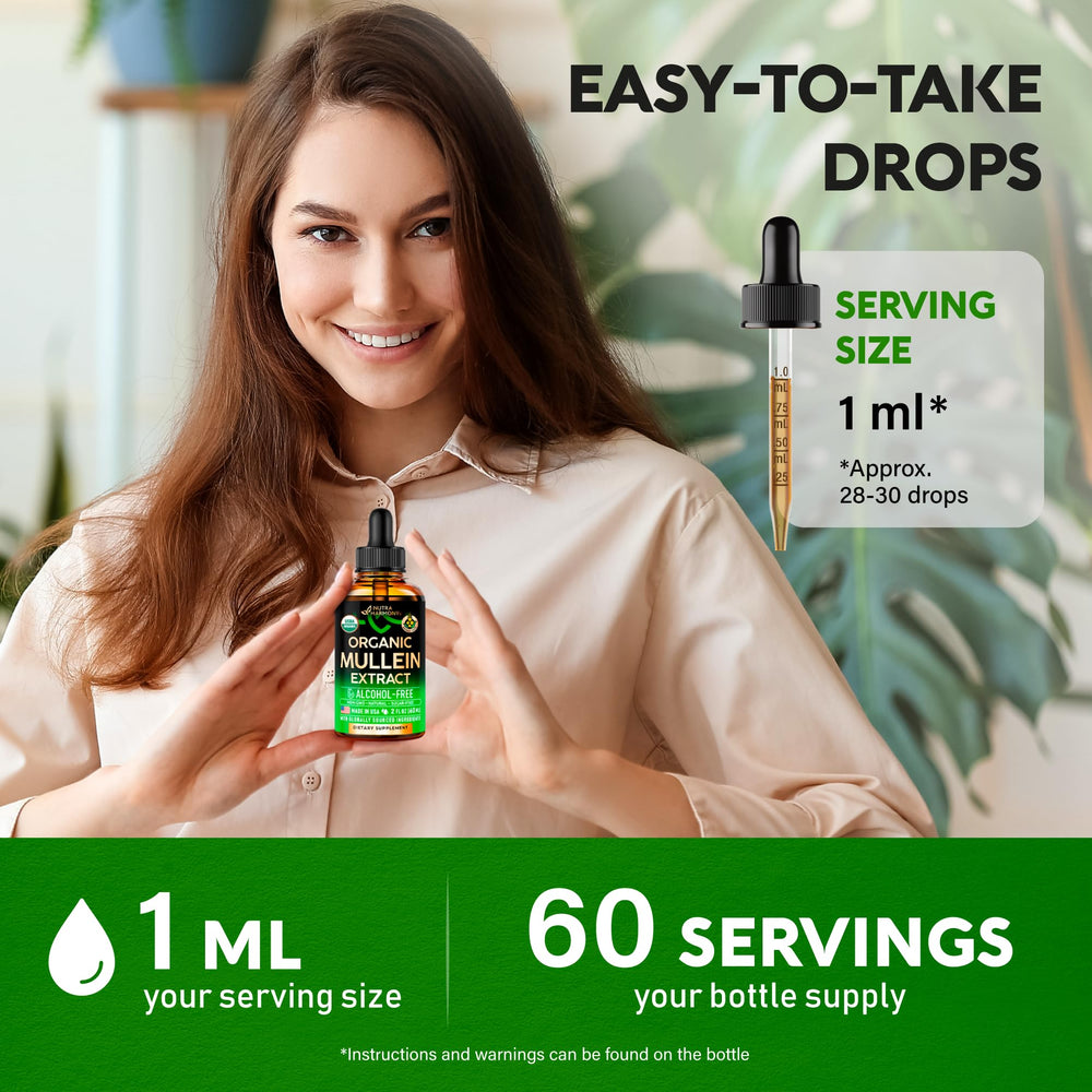 NutraHarmony Mullein Drops dosage spoon shows easy daily use.