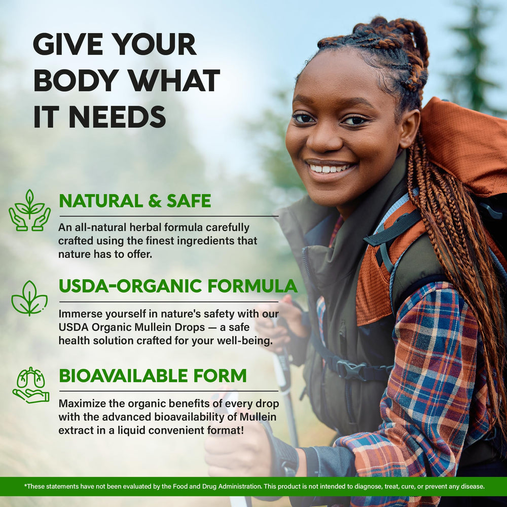 NutraHarmony Mullein Drops label highlights USDA Organic mullein leaf extract.