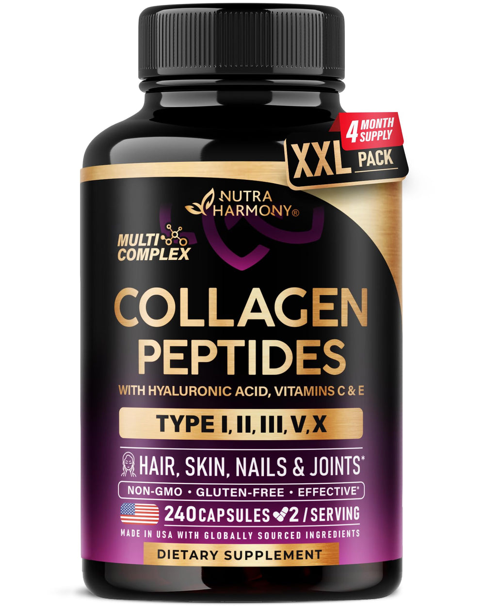 NutraHarmony multi collagen bottle front shows five-type blend for skin and joints