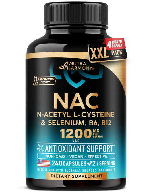 NutraHarmony NAC supplement bottle close-up highlighting antioxidant support.