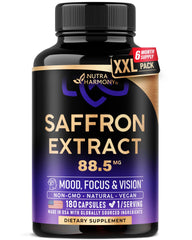 NutraHarmony natural saffron supplement bottle promotes mood and focus.