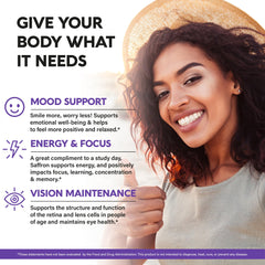 NutraHarmony saffron capsules close-up highlights antioxidant-rich support for memory and focus.