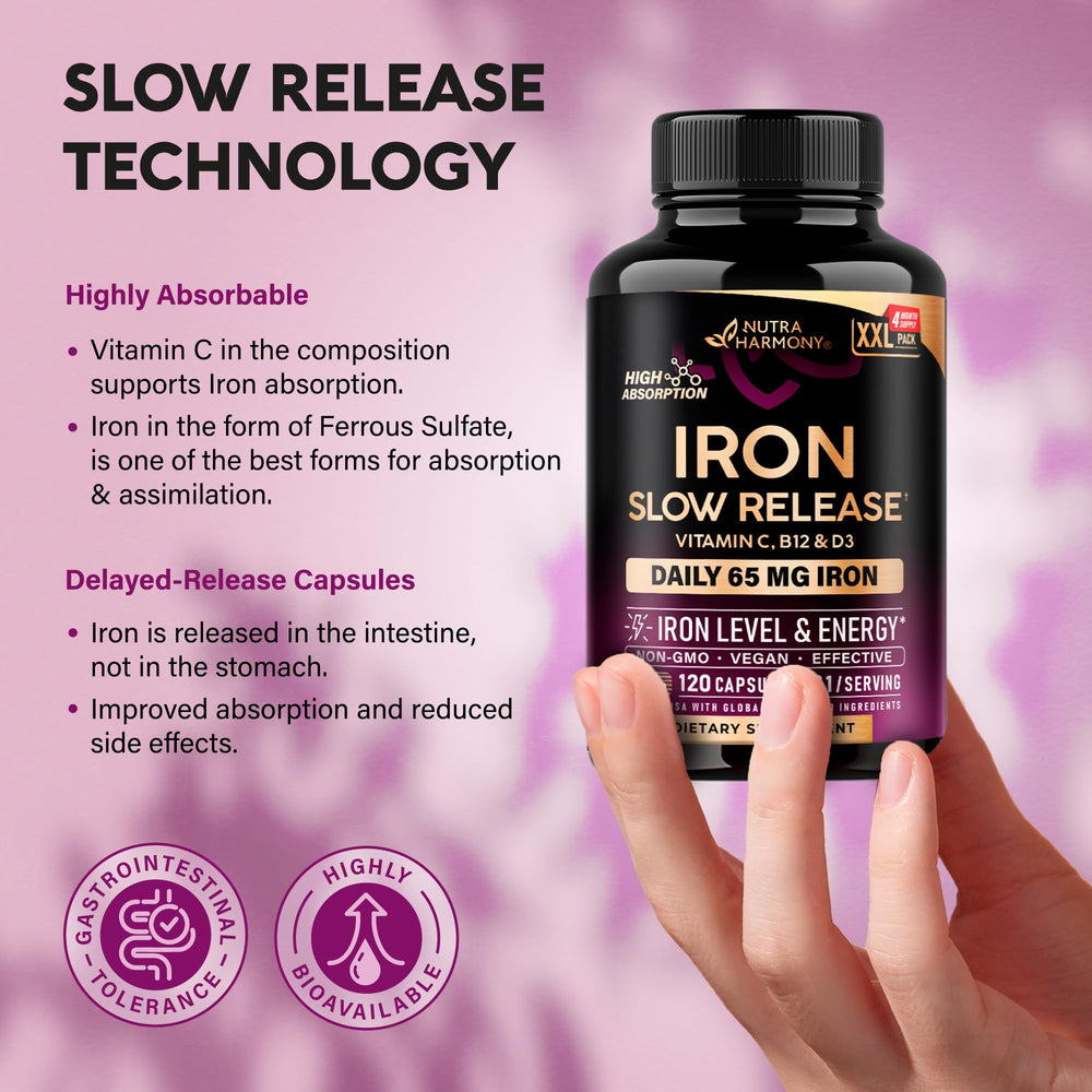 NUTRAHARMONY vitamin blend capsules complement iron for balanced daily nutrition.