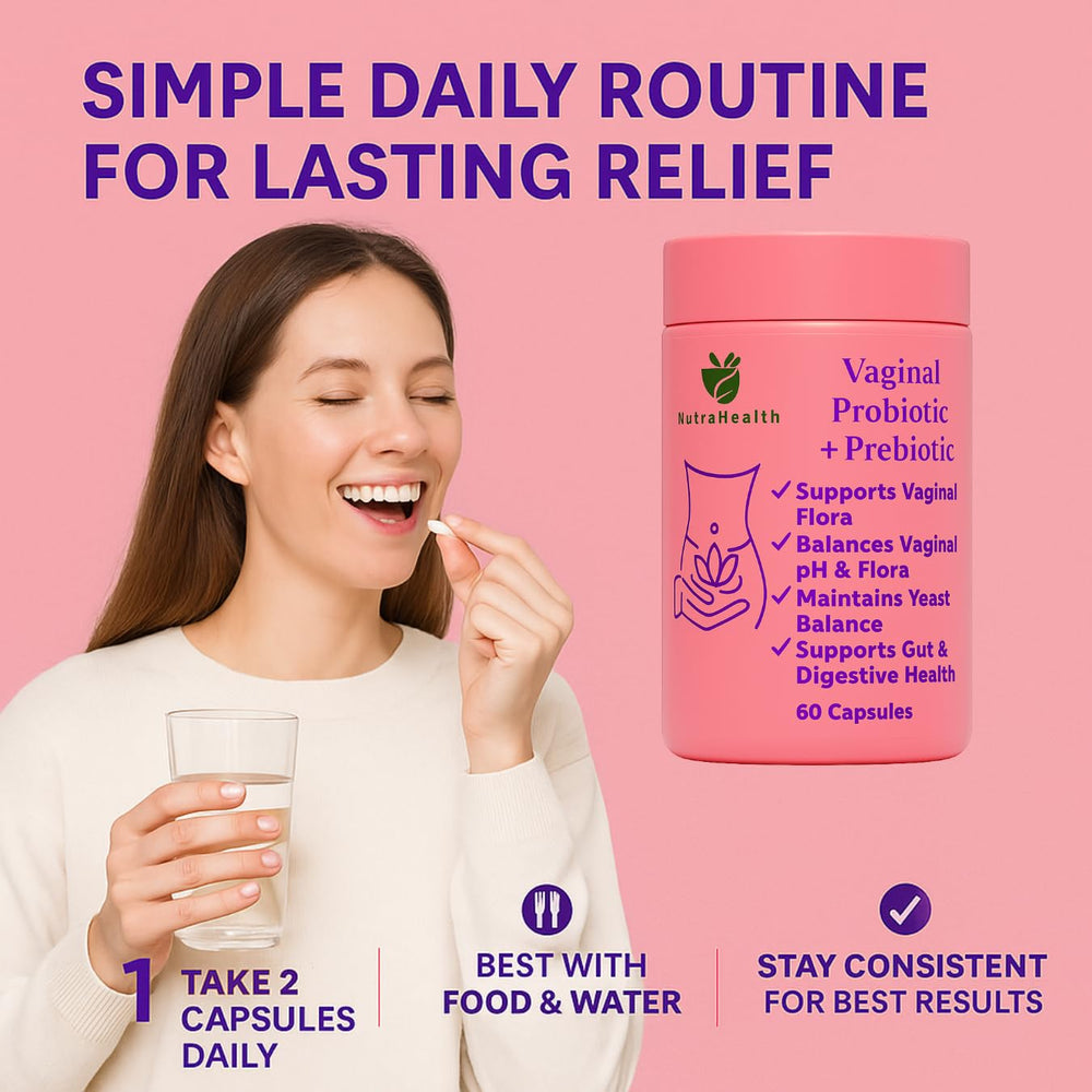 NutraHealth dual-action balance graphic illustrating gut and vaginal health synergy.