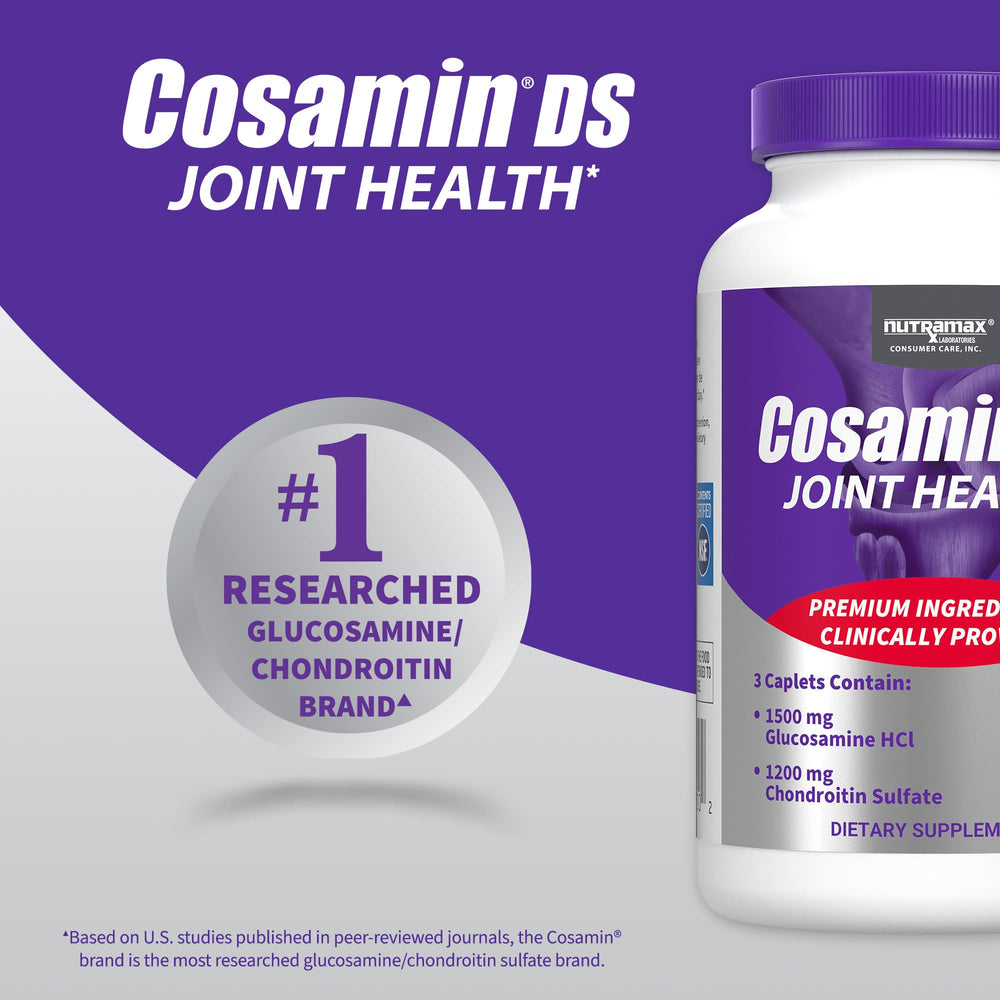 Cosamin DS bottle with flip-top cap displayed on desk.